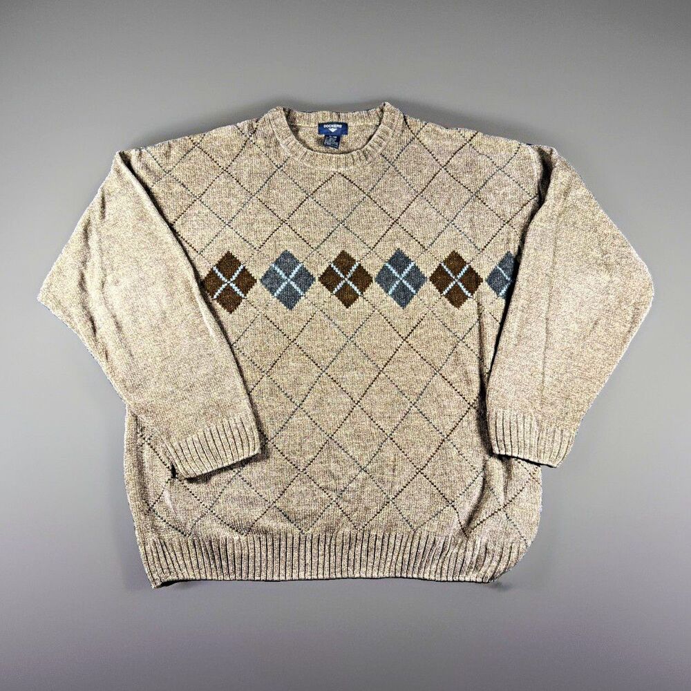 Vintage Dockers Men's XL Argyle Crewneck Sweater Beige Tan Brown Knit Pullover